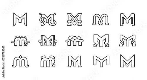 A collection of abstract, geometric, and stylized letter 'M' monograms and logos, presented in a clean, minimalist line art style on a black background, showcasing diverse creative interpretations of