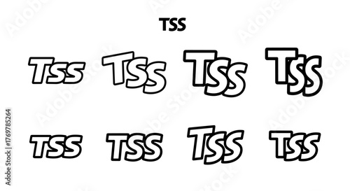 A collection of eight stylized "TSS" logos, presented in a grid formation with varying sizes and subtle outlines, suggesting a graphic design element or a brand identity showcase, rendered in a