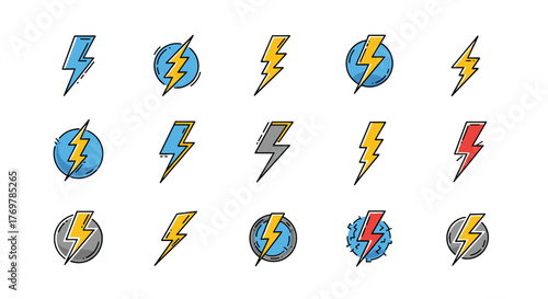 Set of 15 stylized lightning bolt icons in various colors including blue, yellow, gray, and red, some enclosed in circles with dashed outlines, representing energy, power, and speed in a modern, flat
