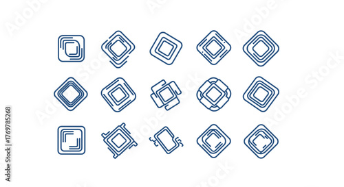 A collection of abstract geometric rhombus shapes with a metallic blue gradient effect, presented on a black background, showcasing various intricate designs and patterns suitable for technology and