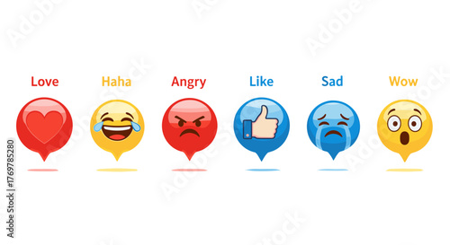 Collection of six expressive emoji icons representing different emotions: Love, Haha, Angry, Like, Sad, and Wow, displayed against a plain black background, perfect for social media and digital
