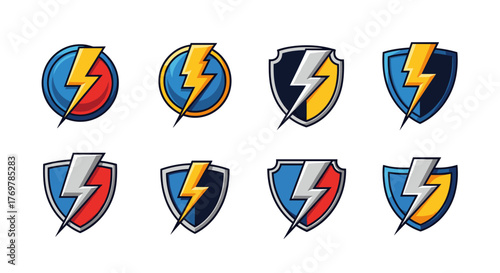 Collection of eight dynamic lightning bolt emblems and icons, featuring a variety of shield and circular badge designs in vibrant blue, yellow, red, and silver color palettes, perfect for
