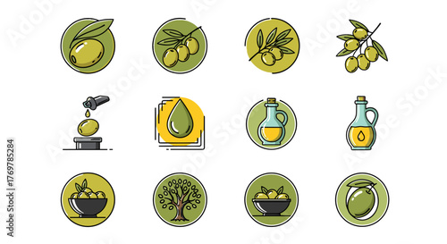 A collection of twelve circular icons representing olives and olive oil production, featuring olive branches, olives in bowls, an olive tree, oil extraction, and bottles of olive oil, all in a clean