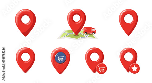 Collection of vibrant red 3D map pin icons and location markers, including a delivery truck on a map, shopping cart icons, and a star rating, perfect for navigation, e-commerce, and travel