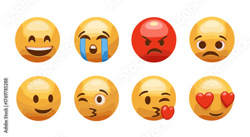 Collection of eight diverse emoji faces expressing a range of emotions, including happiness, sadness, anger, and love, presented against a stark black background for maximum visual impact and