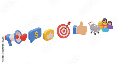 A vibrant collection of 3D icons representing key elements of digital marketing and business growth, including a megaphone with a heart, a speech bubble with a dollar sign, a thumbs-up icon, a target