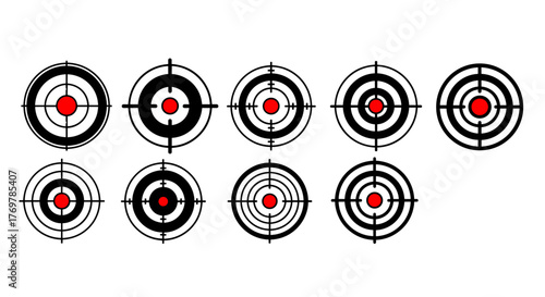 Collection of ten different target designs with red bullseyes and white concentric circles, set against a stark black background, symbolizing accuracy, focus, and precision in shooting sports or