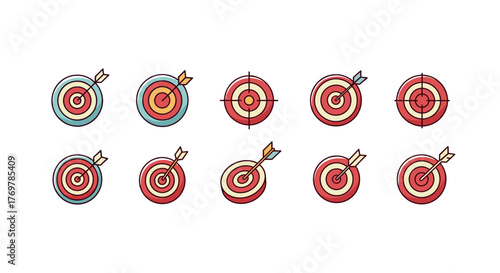 Collection of ten flat design target icons with arrows, symbolizing goals, accuracy, and success in business, sports, and personal achievement, presented on a black background for clear visibility