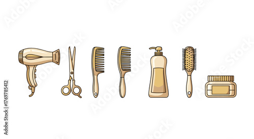 A collection of golden hair salon tools and products, including a hairdryer, scissors, combs, a pump bottle of shampoo or conditioner, a hairbrush, and a jar of hair styling product, all isolated on