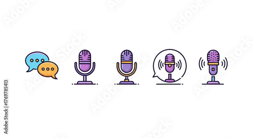 Set of five flat design icons representing podcasting and broadcasting, featuring vintage microphones in purple and gold hues, alongside speech bubbles symbolizing communication and conversation