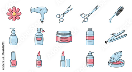 A collection of beauty and personal care icons, including a pink flower, a blue hairdryer, scissors, a comb, various bottles of lotions and soaps, a jar of cream, a curling iron, nail polish