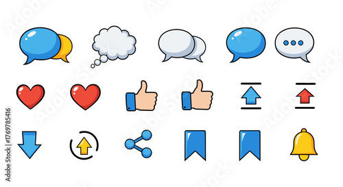 Collection of social media icons and symbols, including speech bubbles, hearts, thumbs up, upload and download arrows, share icon, bookmark, and notification bell, presented on a black background for