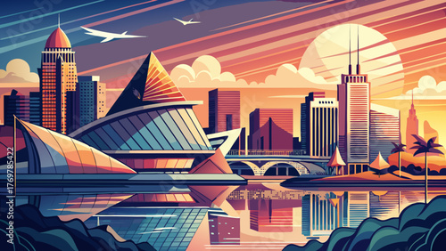 Very beautiful Milwaukee vector travel poster in cinematic minimal landscape art style, featuring the city skyline along Lake Michigan, modern architecture, and warm sunset tones capturing Wisconsin’s