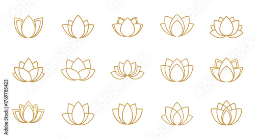 Collection of elegant golden lotus flower icons and symbols on a black background, representing purity, enlightenment, and spiritual growth, perfect for yoga studios, meditation apps, and wellness