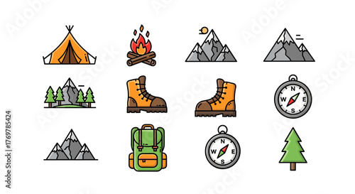 Collection of flat design icons representing camping and hiking essentials, including a tent, campfire, mountains, trees, hiking boots, backpack, and compass, set against a black background, perfect