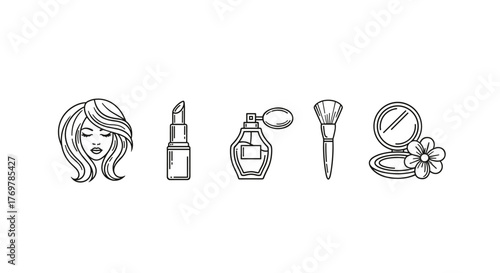 A collection of stylized, white line art icons representing beauty and cosmetic products, including a woman's face with flowing hair, a lipstick, a perfume bottle, a makeup brush, and a compact