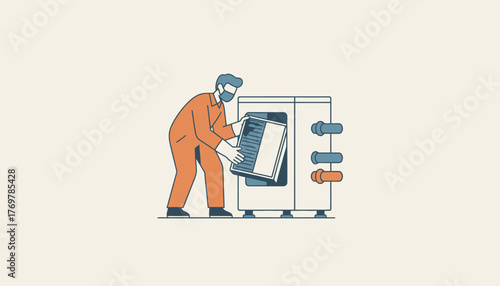 Hvac technician wearing a face mask and protective gloves performing maintenance on an air conditioning unit by removing a dirty filter, ensuring clean air and efficient system operation