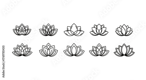 A collection of delicate, minimalist lotus flower line art icons, presented in a grid formation on a stark black background, symbolizing purity, enlightenment, and tranquility, perfect for wellness