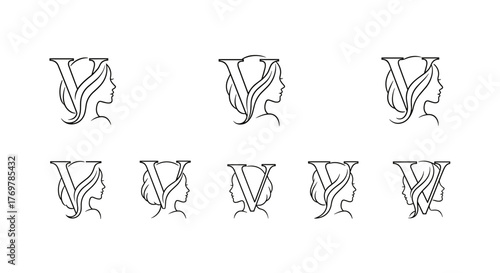 Elegant monogram 'V' intertwined with a graceful female profile silhouette, featuring flowing hair, presented in a minimalist line art style, perfect for branding, beauty, fashion, and luxury