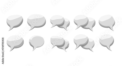 Collection of ten 3D rendered white speech bubbles and thought bubbles in various shapes and sizes, isolated on a black background, perfect for representing communication, ideas, and dialogue in