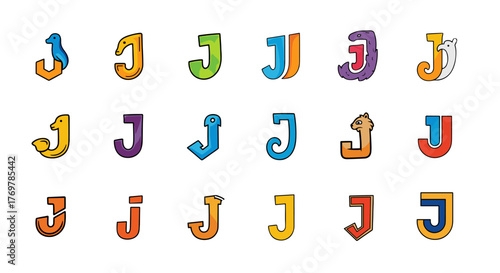 Collection of 20 creative and colorful "J" letter designs, each uniquely stylized with animal features and vibrant colors, perfect for branding, logos, and educational materials.