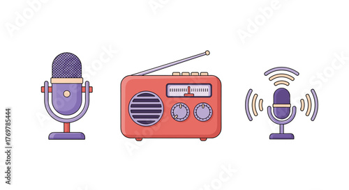 Retro radio and vintage microphones illustration, symbolizing broadcasting, audio recording, and podcasting, with sound waves emanating from one microphone, set against a stark black background