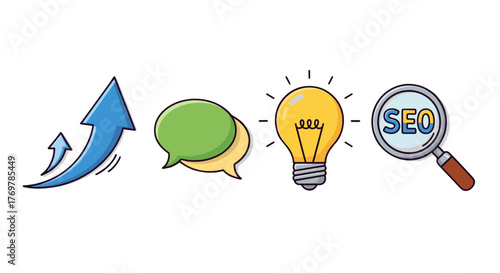 Conceptual illustration of business growth and success, featuring a rising arrow, speech bubbles for communication, a glowing lightbulb symbolizing ideas and innovation, and a magnifying glass with