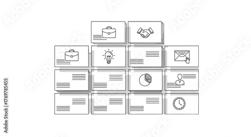 A pyramid-like arrangement of business-themed icons, including a briefcase, handshake, lightbulb, email, pie chart, person silhouette, and clock, presented in a clean, minimalist line art style on a