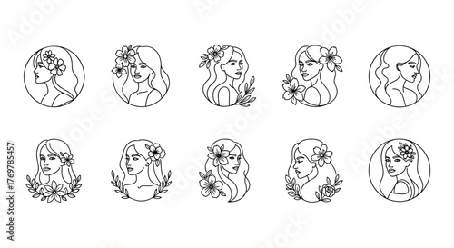 Collection of ten minimalist line art illustrations of female profiles adorned with delicate flowers and leaves, presented in a circular frame or as busts, symbolizing beauty, nature, and femininity