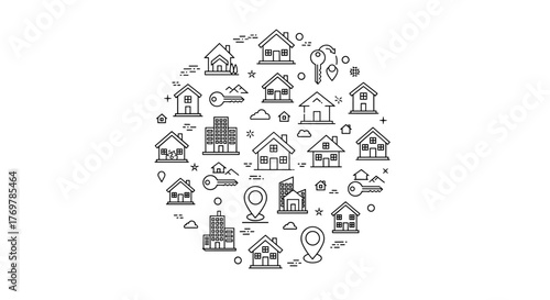 A collection of various house blueprints and architectural sketches arranged in a circular pattern, showcasing different building designs and structures with intricate line art details on a dark