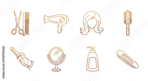 Golden line art icons of hair salon equipment and accessories on a black background, including scissors, comb, hairdryer, hair, hairbrush, curling iron, mirror, shampoo bottle, and hair clip
