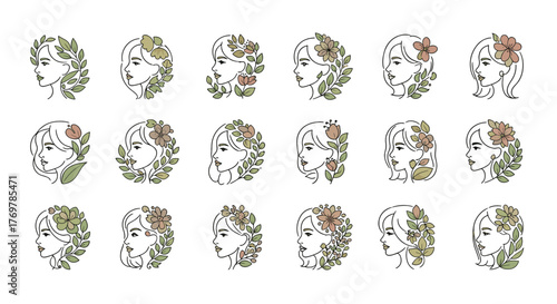 Collection of 18 minimalist line art illustrations of diverse female profiles adorned with delicate floral arrangements and lush green leaves, symbolizing beauty, nature, and femininity in a serene