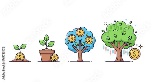 Visual representation of financial growth and investment success, depicting a seedling sprouting from a coin, a potted plant with coins, a money tree laden with currency, and a mature tree