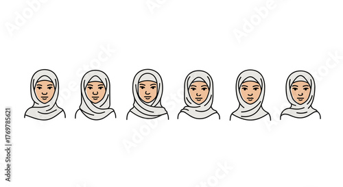 A diverse group of six women wearing white hijabs and black tops, depicted in a clean, modern, flat illustration style against a stark black background, symbolizing unity and cultural representation.