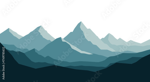 Abstract minimalist mountain range silhouette against a dark night sky, featuring layered geometric peaks in varying shades of cool blue and teal, evoking a sense of serene, majestic, and tranquil