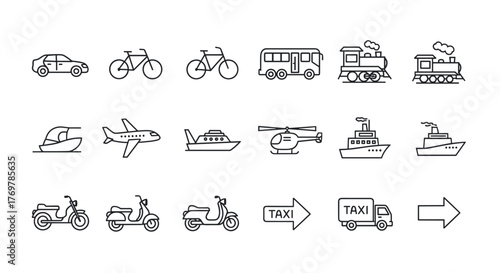 A collection of clean, modern line art icons representing various modes of transportation, including cars, bicycles, buses, trains, airplanes, helicopters, boats, ships, scooters, and taxis, all set