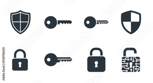 Collection of security icons including shields, keys, and padlocks, representing concepts of protection, access, and digital security, presented in a clean, minimalist, dark gray vector graphic style