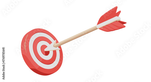 A 3D rendered image of a red and white target with an arrow perfectly hitting the bullseye, symbolizing success, achievement, and precision in business or sports goals, isolated on a black background.