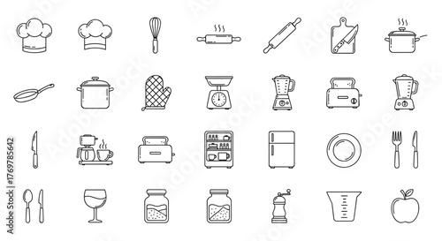 Collection of white line art icons representing various kitchen utensils and appliances, including chef hats, whisks, rolling pins, pots, pans, oven mitts, blenders, toasters, coffee makers