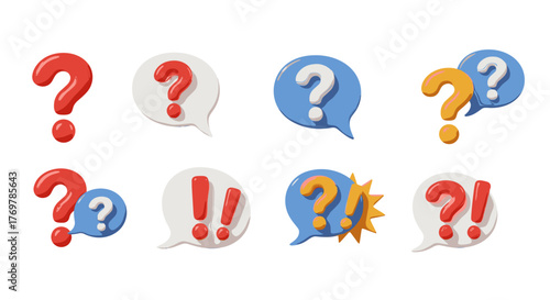 Collection of 3D rendered speech bubbles featuring question marks and exclamation points in vibrant red, white, and yellow colors, symbolizing communication, inquiry, and expression in a modern