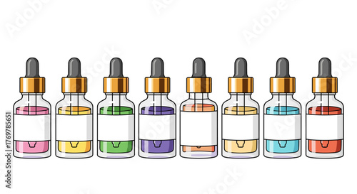 A vibrant collection of eight dropper bottles, each filled with a different colored liquid, lined up against a black background, symbolizing a variety of options or ingredients in a modern, clean