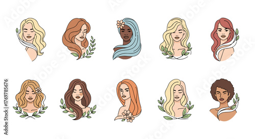 Collection of diverse women's portraits, showcasing various hairstyles, skin tones, and ethnicities, adorned with delicate floral and leafy elements, symbolizing beauty, nature, and individuality in