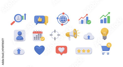 A vibrant collection of 3D isometric icons representing digital marketing, business growth, and online engagement, featuring elements like search, analytics, social media, calendar, and e-commerce