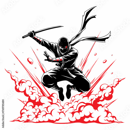 Anime-style ninja jumping through smoke