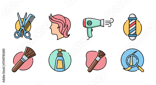 A vibrant collection of flat design icons representing hair salon and barber shop services, including scissors, comb, hairdryer, barber pole, makeup brushes, lotion dispenser, and a magnifying glass