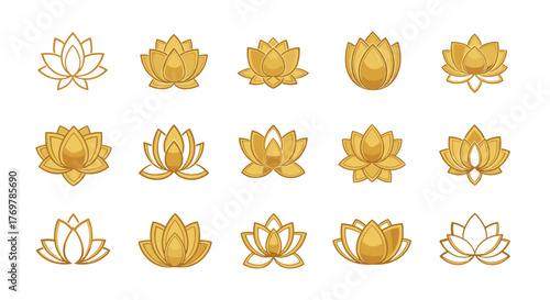 Collection of fifteen golden lotus flower icons and symbols, representing purity, enlightenment, and rebirth, presented on a black background, ideal for spiritual, wellness, and decorative design