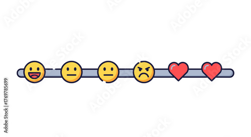 A visual representation of a satisfaction or mood scale, featuring a spectrum of emoticons from happy and delighted to angry, alongside two red hearts indicating positive sentiment or affection