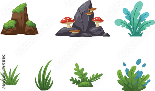 Nature elements vector illustration set, eight stylized rocks, plants, mushrooms in grid layout, white background for ecology and design concepts
