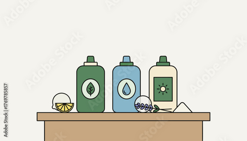 Bottles of ecofriendly cleaning products lined up on a counter showcasing their natural ingredients.