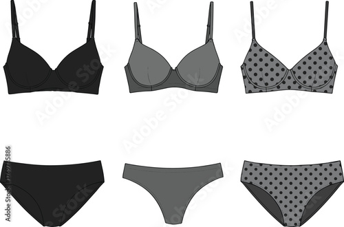 Women’s lingerie vector illustration set, six stylized bra and panty designs in black, gray, polka dot styles, white background for fashion concepts